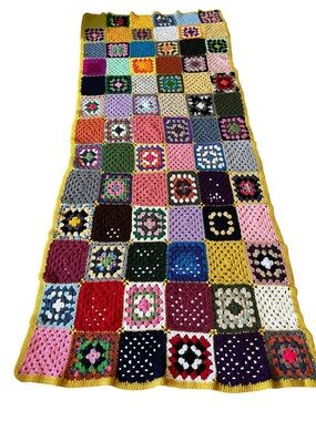 Handmade Crochet Granny Square Blanket - Multicolor with Yellow Border